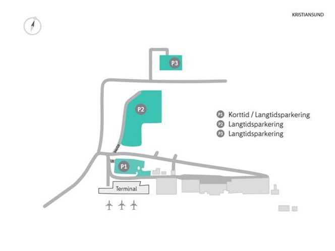 Tegnet oversikt over parkeringsområdene på Kristiansund lufthavn