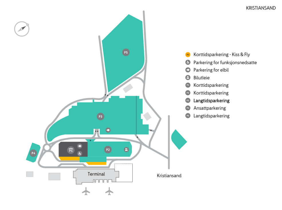 kart over parkeringsområdene på kristiansand lufthavn