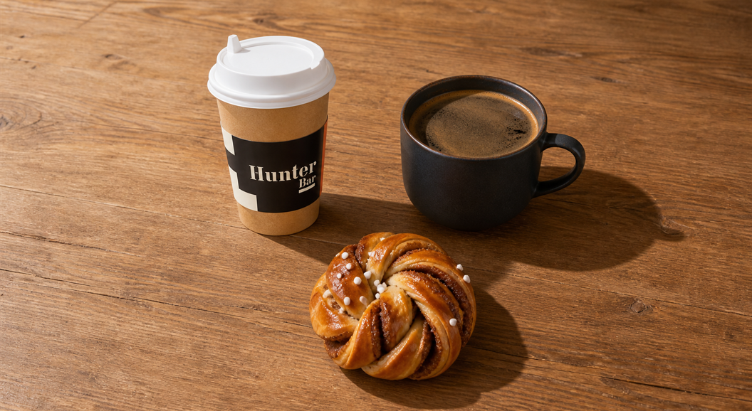 Kaffe i kopp og takeaway-beger med kanelbolle på trebord