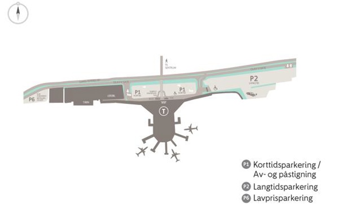Tegnet oversikt over parkeringsområdene på bodø lufthavn