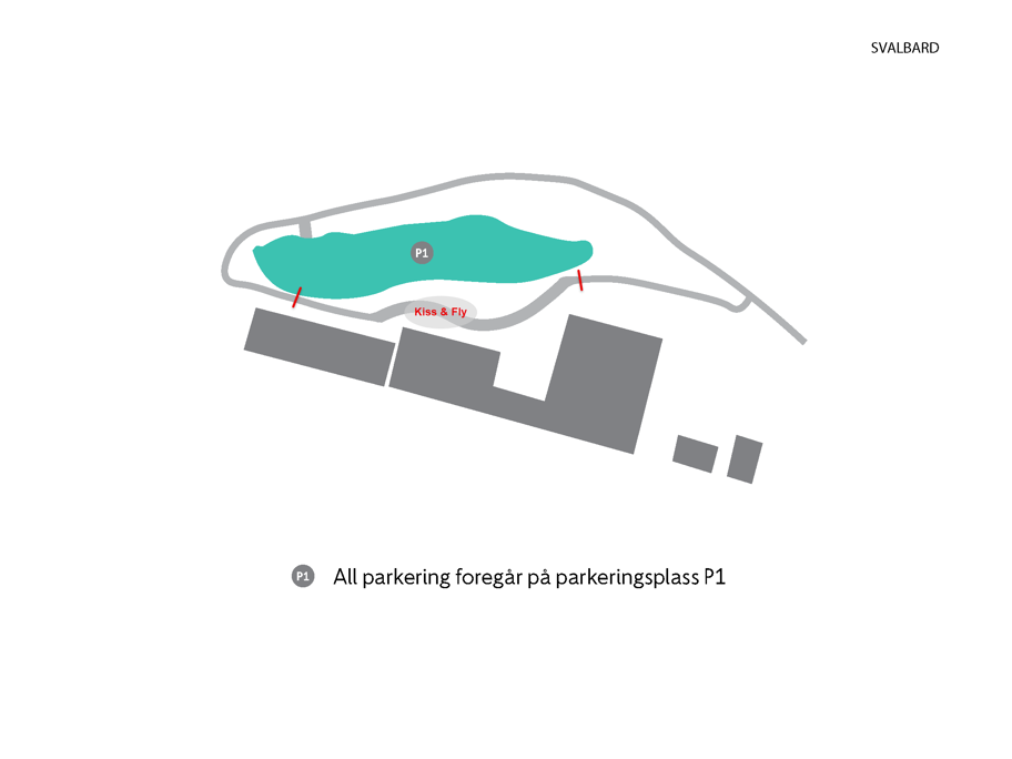 Parkeringskart over Svalbard som viser parkeringsområde P1 med en utpekt Kiss & Fly-sone