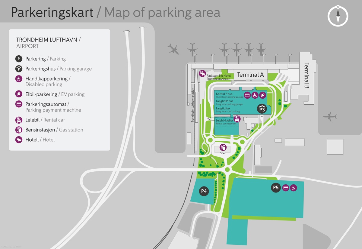 Tegnet kart over parkeringsområdene på Trondheim lufthavn