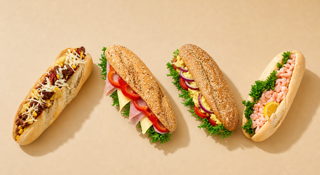 Fire ulike smørbrød med ulike pålegg, inkludert kjøtt, ost, grønnsaker og reker, lagt opp på lys bakgrunn