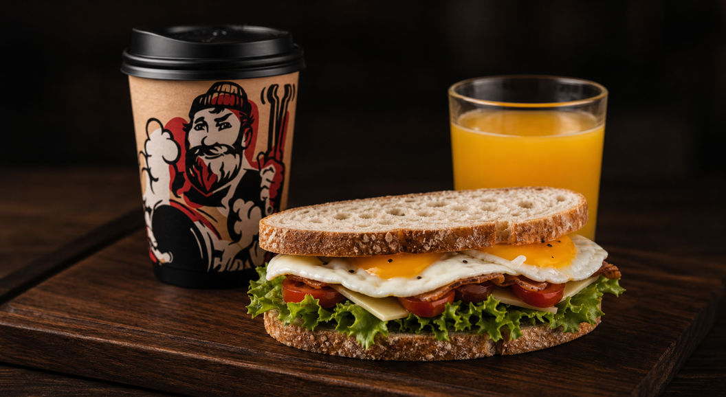 Frokostsandwich med egg, salat og tomat, servert med kaffe i pappkop og et glass appelsinjuice på trebrett