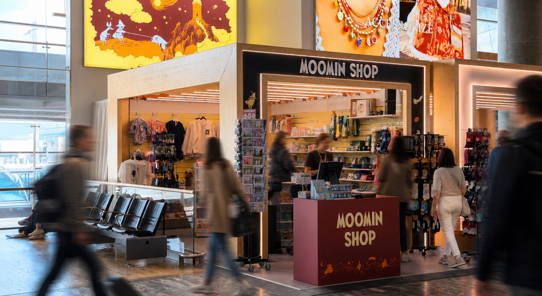 Moomin Shop utsalgskiosk i en flyplassterminal med reisende som går forbi og fargerikt tilbehør utstilt