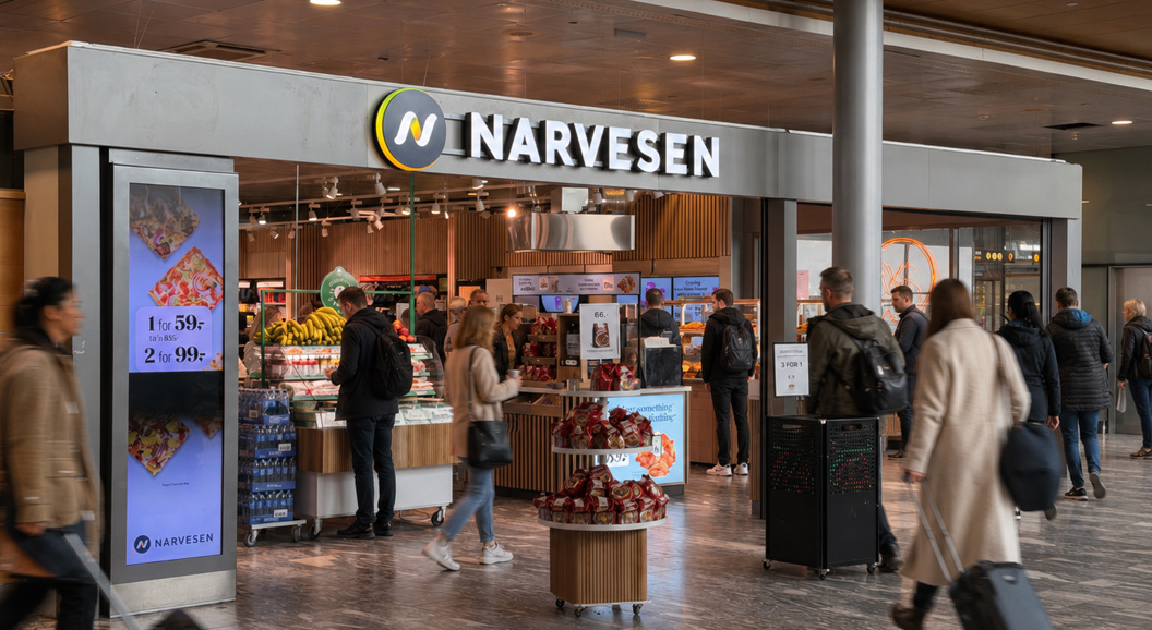 Moderne WHSmith-kiosk på en flyplass som tilbyr dagligvarer, snacks og drikkevarer under livlig belysning