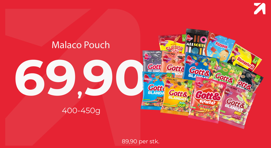 Godteriposer fra Malaco på rød bakgrunn, kampanjepris på kr 69,90 per stk. hele juni og juli