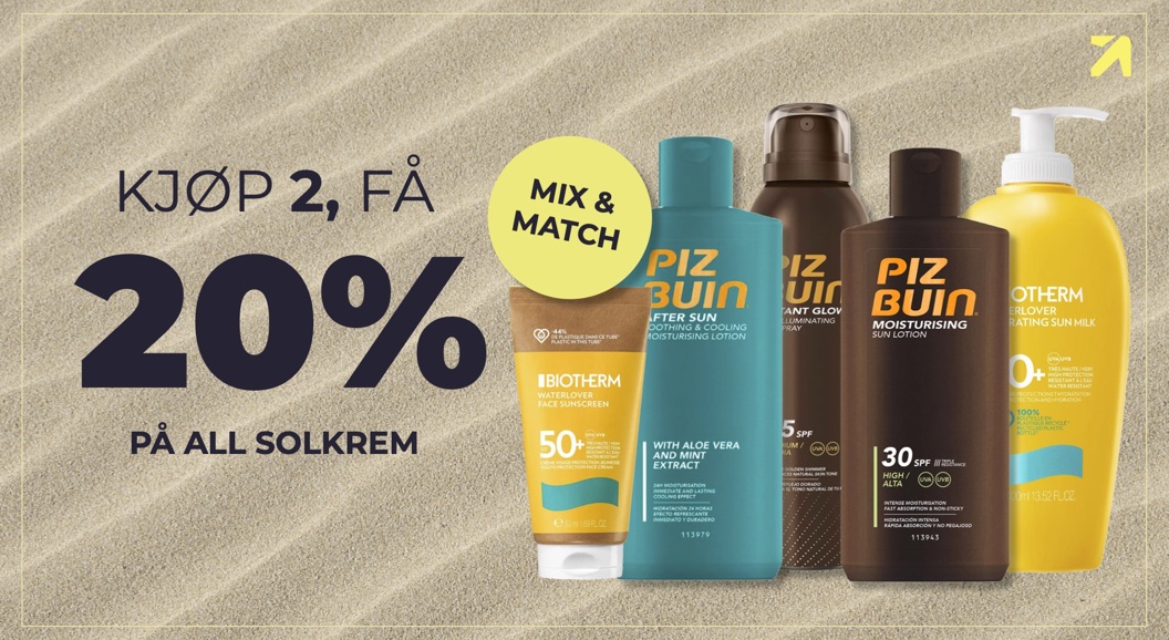 Sand i bakgrunn, sort tekst med: kjøp 2, få 20% på alt av solkrem. Ulike solkremer vises ved teksten.