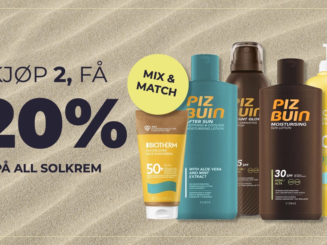 Bilde av solkremer med teksten kjøp 2 få 20% 