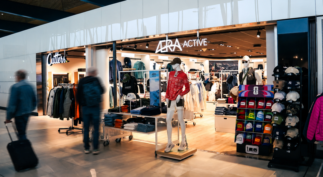 Eksteriør av Aera Active klesbutikk, som viser mannequiner kledd i utendørsklær og fargerike vinterklær, med velorganiserte hyller og stativer som viser forskjellige moteklær inne i det moderne butikklokalet