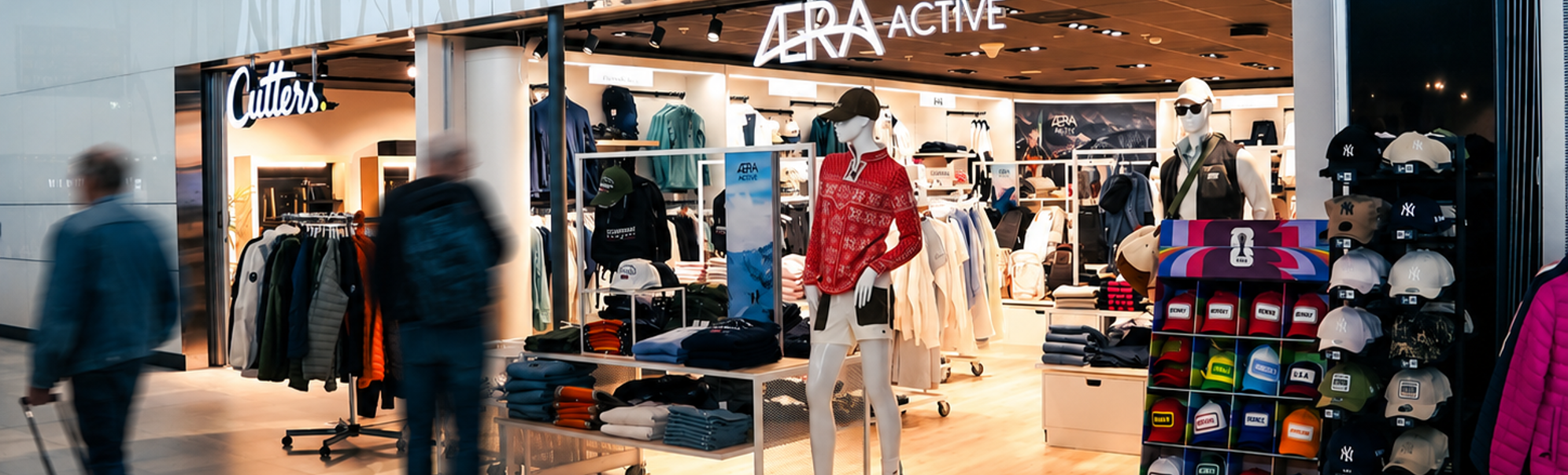 Eksteriør av Aera Active klesbutikk, som viser mannequiner kledd i utendørsklær og fargerike vinterklær, med velorganiserte hyller og stativer som viser forskjellige moteklær inne i det moderne butikklokalet