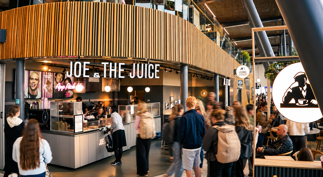 Assorterte Joe & The Juice-produkter, inkludert smørbrød, croissanter, grøt, juicer, açaí-boller og kaffe på en hvit bakgrunn med rosa emballasje og flasker med stille vann