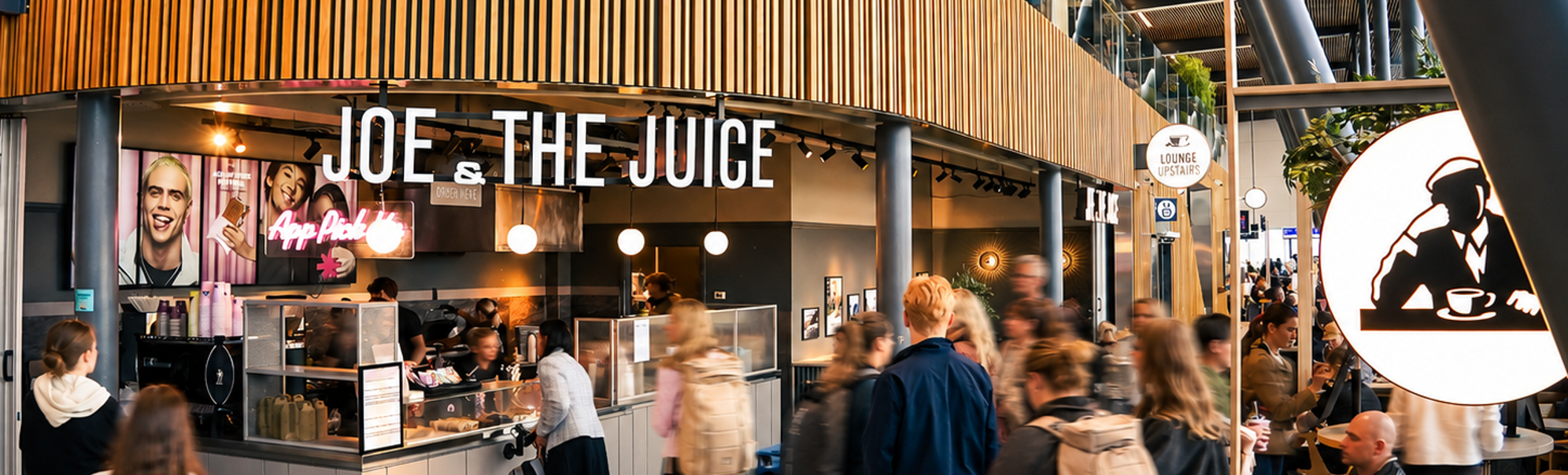 Assorterte Joe & The Juice-produkter, inkludert smørbrød, croissanter, grøt, juicer, açaí-boller og kaffe på en hvit bakgrunn med rosa emballasje og flasker med stille vann
