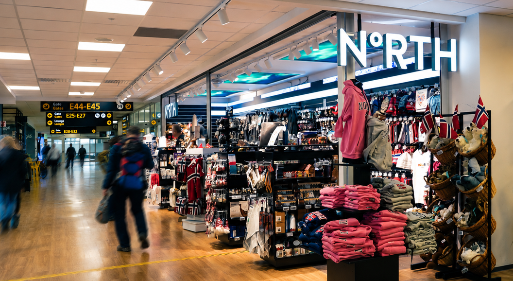 Butikkinteriør av souvenirbutikk i Norge med hyller fulle av klær, leker og suvenirer. Skilt med teksten "Souvenirs - Norway" og neonlogo vises