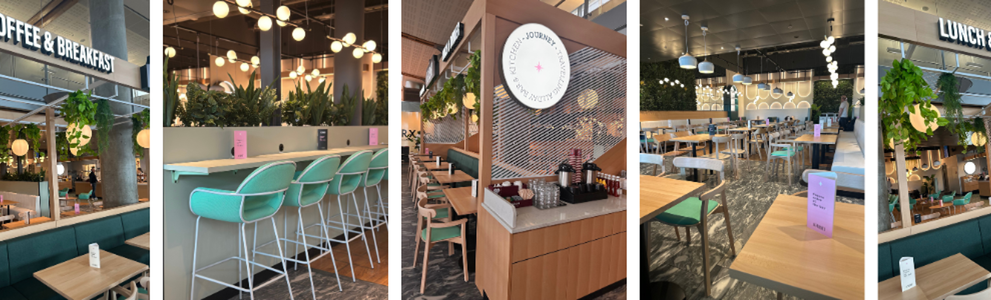 Kaféinteriør med grøne planter, moderne innreiing og sitjeplassar. Skilt for "Coffee & Breakfast" og "Lunch & Dinner" visast. Lyse og innbydande rom med stolrader ved disken og spisebord