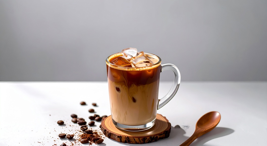 Iskaffe i glas med isbitar på ein trebrikke, omgitt av kaffibønner og ein treskei mot lys bakgrunn