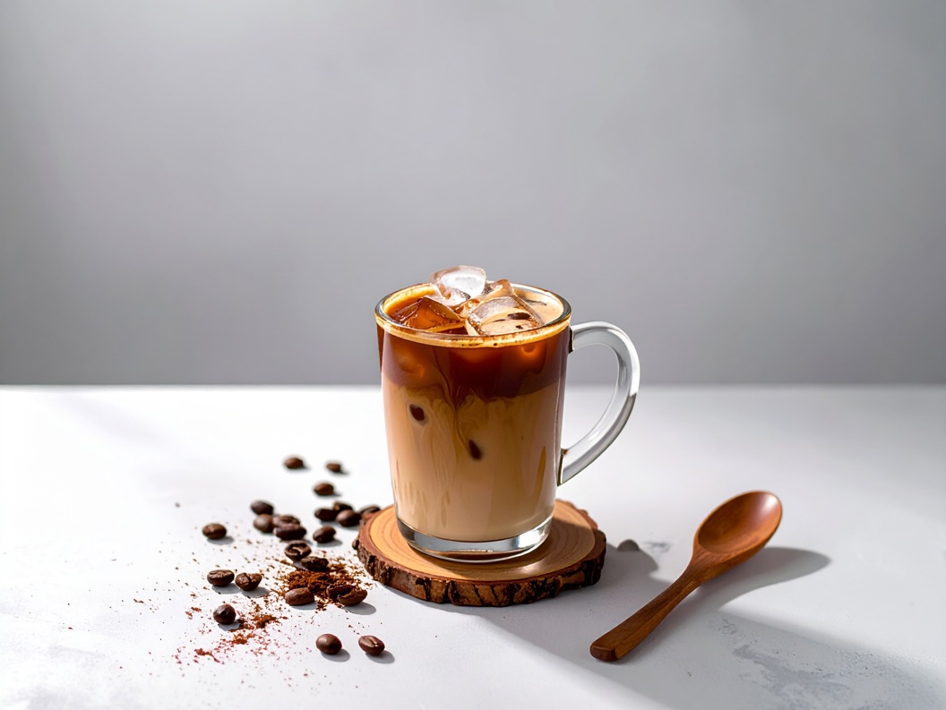 Iskaffe i glas med isbitar på ein trebrikke, omgitt av kaffibønner og ein treskei mot lys bakgrunn