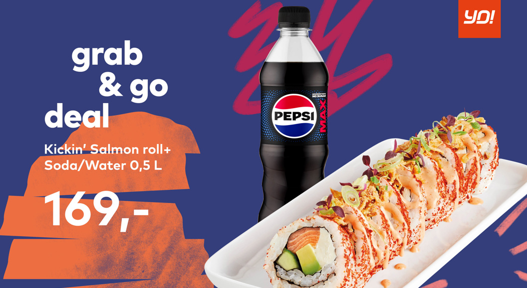 Tekst "Grab & Go deal, Kickin' Salmon Roll + Brus/vann 169,-" med bildet av en lakserull og en pepsi max