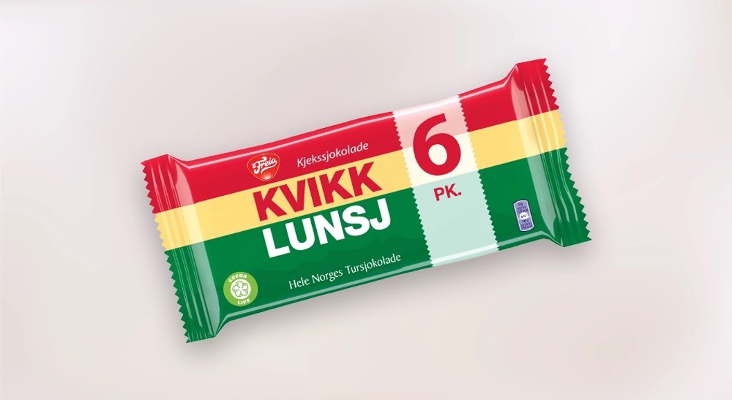 Pakke med Kvikk Lunsj sjokolade, 6-pakning, norsk tur- og kjeksjokolade i rød, gul og grønn emballasje