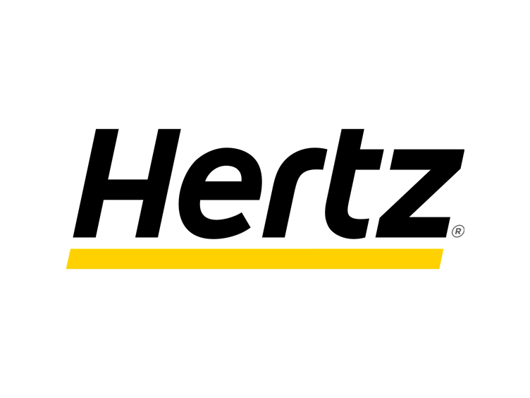 Hertz-logo med fet svart tekst og en gul understrek på hvit bakgrunn