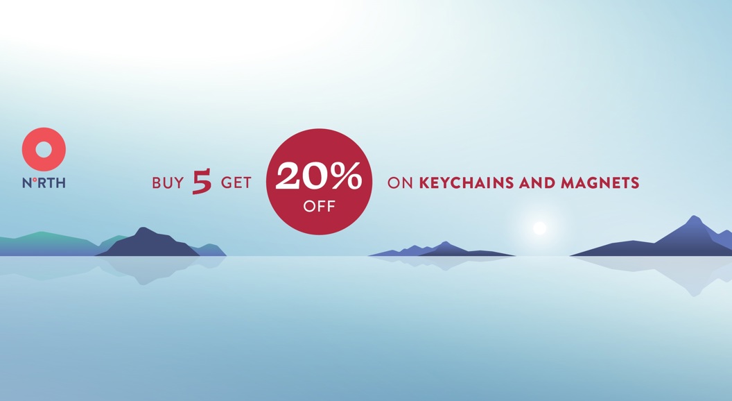 Discount offer from North with a "Buy 5 Get 20% Off" promotion on keychains and magnets, featuring a serene landscape background