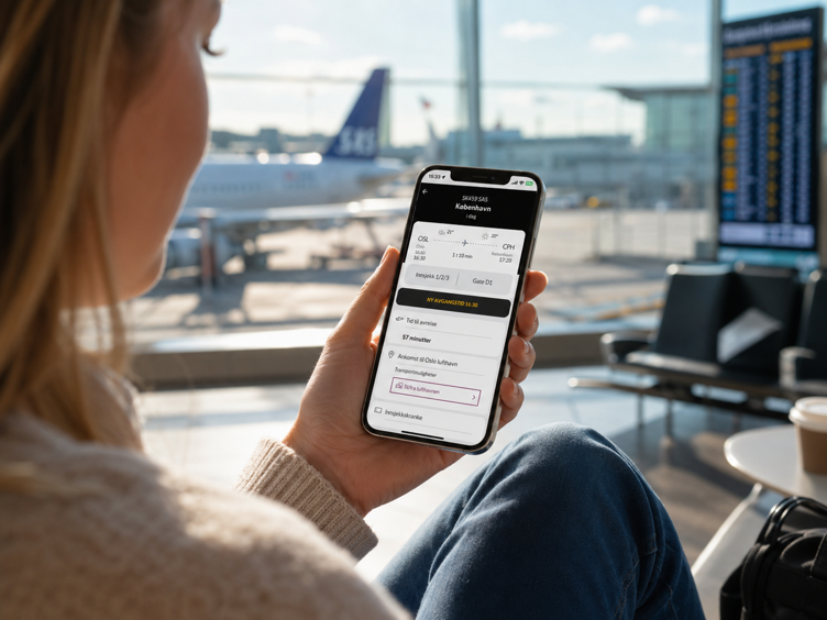 Reisende som sjekker en flystatus på en smarttelefon på en flyplassterminal med et fly i bakgrunnen