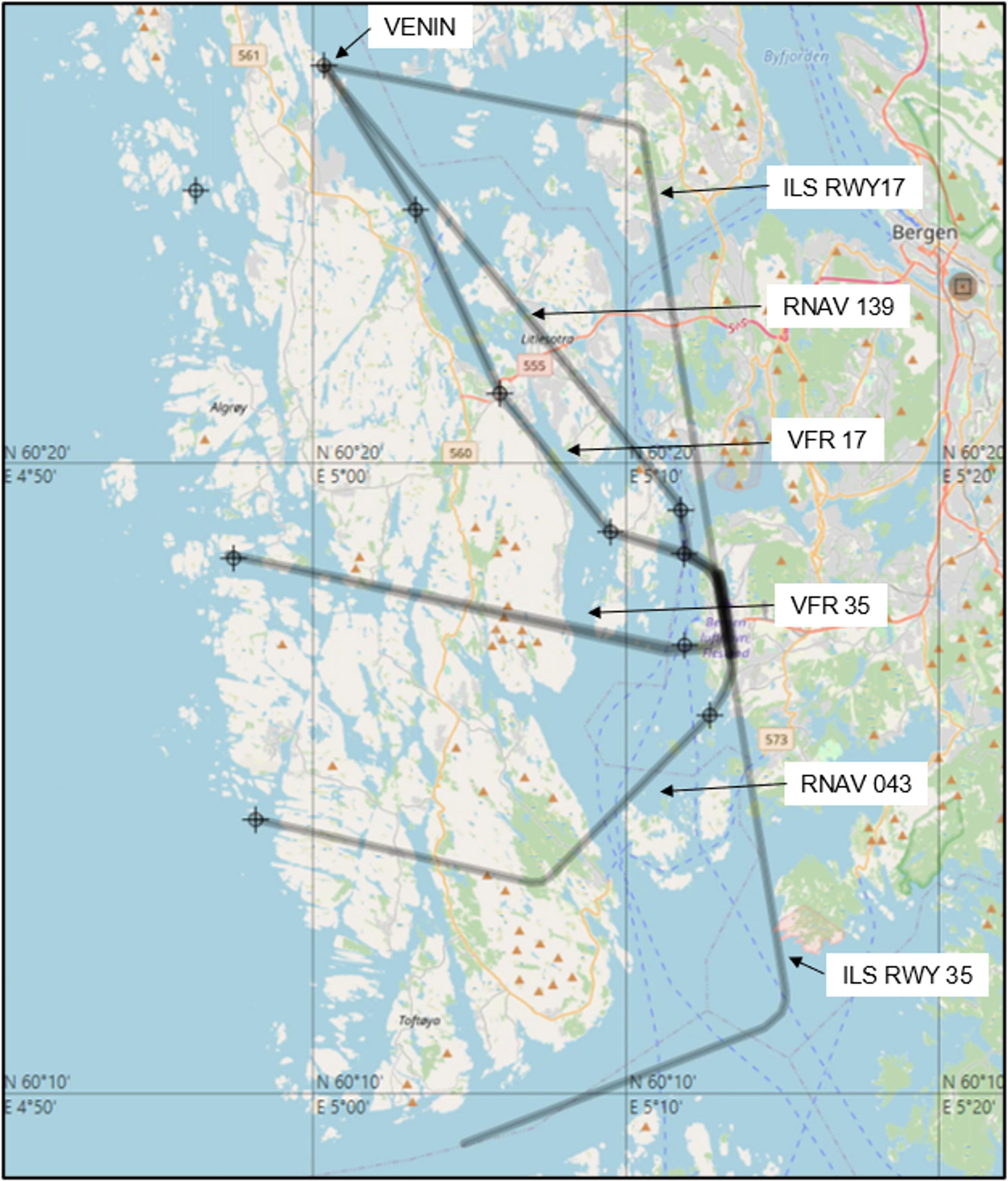 Flytrasékart for Bergen Lufthavn med innflygingsruter som ILS RWY17, RNAV 139, VFR 17, VFR 35, RNAV 043 og ILS RWY 35. Viser geografisk område med navigasjonspunkter og flyveveier over kystlandskap