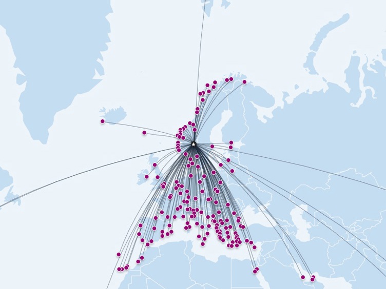 Kart over direkteruter fra OSL til europa