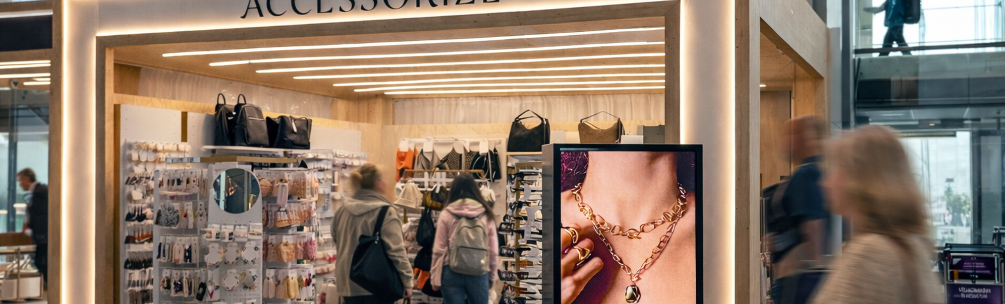 Fasadebilde av Accoessorize med produkter og en stor skjerm i front. 