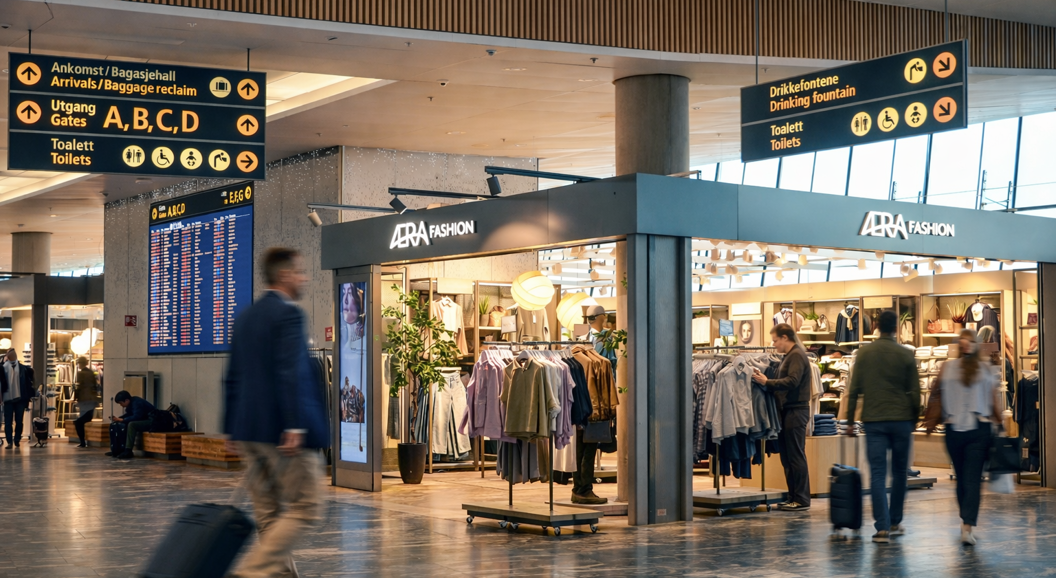 Skjortebutikk interiør med organiserte hyller fylt med kvite, blå, rosa og svarte skjorter. Vesker og slips er også visst. Eton-logo øvst