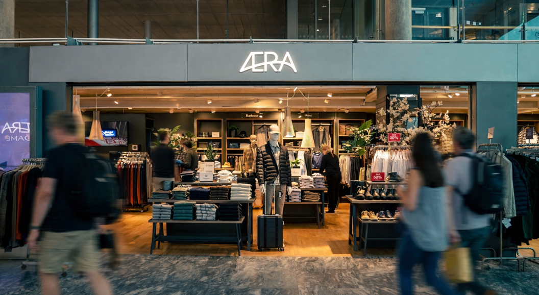 The interior of the men's clothing store with neatly stacked shirts, jackets on a rack, and a mannequin dressed in a beige blazer, showcasing a stylish and organized store display.