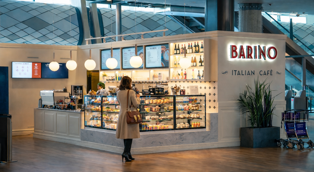 Café Barino i moderne interiør med runde lamper, veggdekorasjoner og folk som sitter ved bord