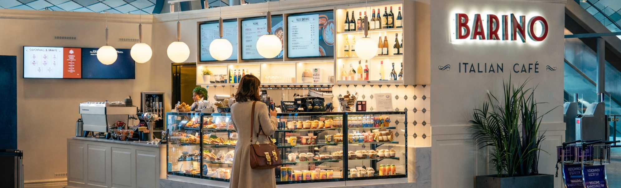 Café Barino i moderne interiør med runde lamper, veggdekorasjoner og folk som sitter ved bord