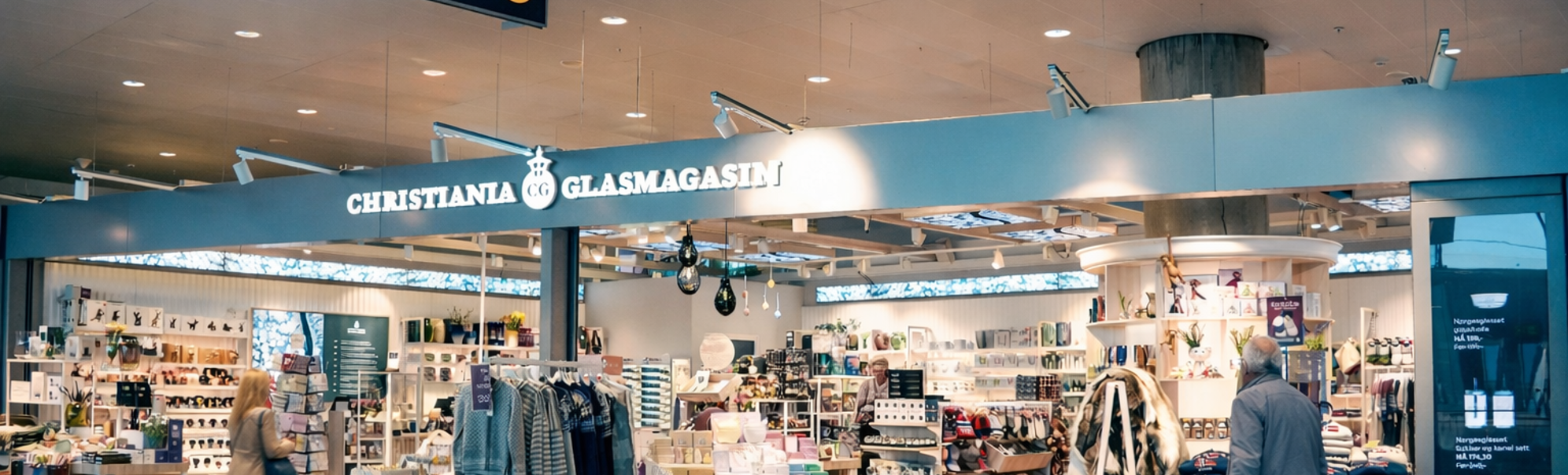 Butikken til Christiania Glasmagasin med et godt opplyst utstillingsvindu med smykker, klær og interiørartikler i et moderne kjøpesentermiljø