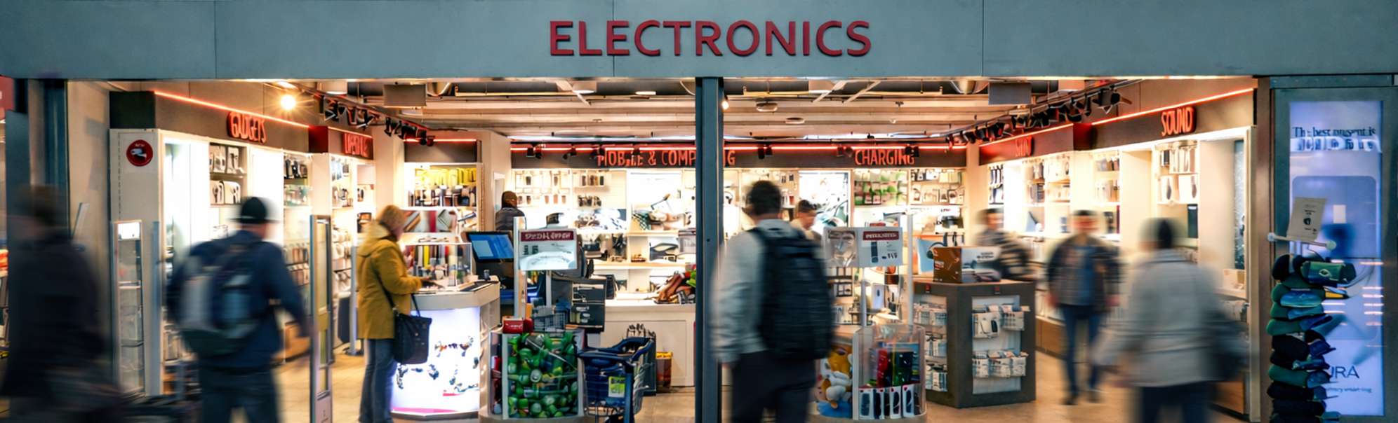 Selger hjelper en kunde ved en CAPI-butikkdisk på en flyplass, omgitt av teknologiprodukter og fargerike hyller