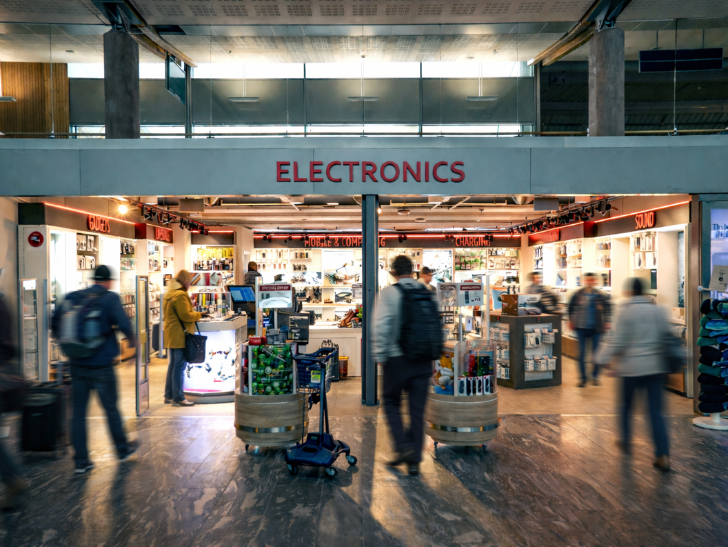 Salesperson assisting a customer at a CAPI store counter in an airport, surrounded by tech products and colorful shelves
