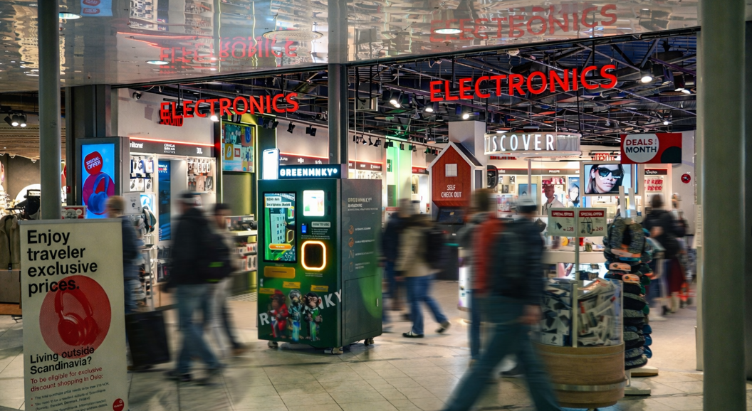 Store employee assisting a customer at a CAPI electronics retail display, featuring tech gadgets and accessories, in a brightly lit setting