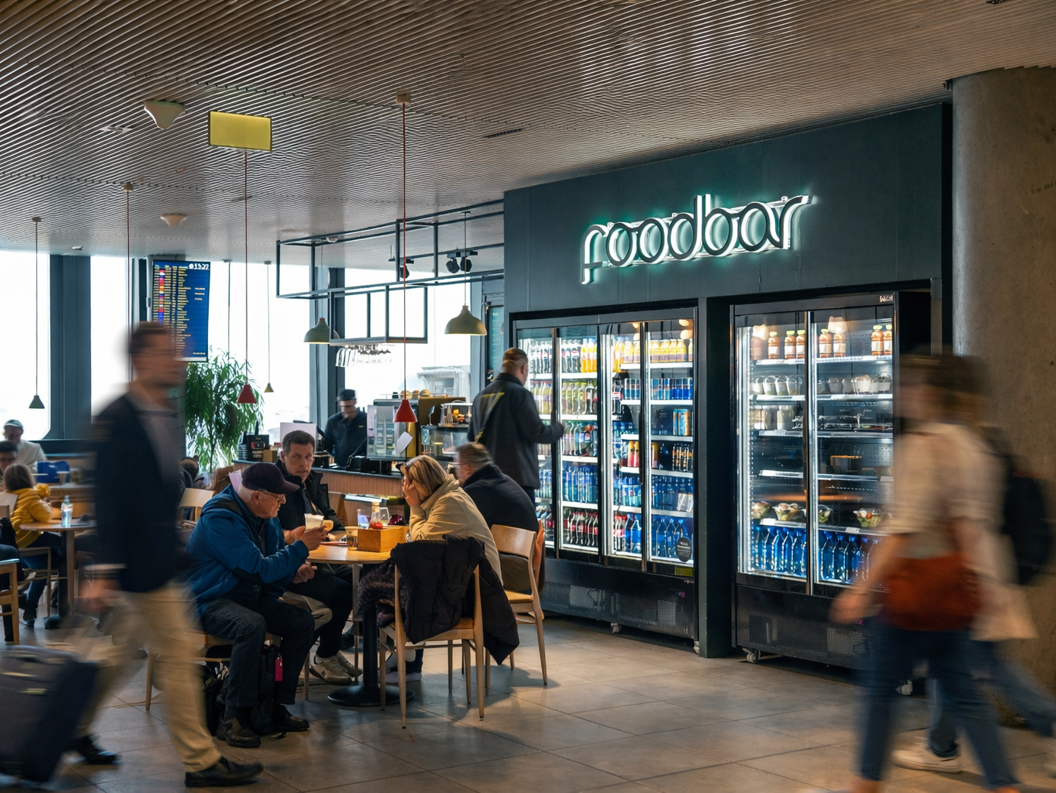 Frisk blandet salat med cherrytomater, krutonger og grønnsaker på et trefat, ledsaget av en liten dressingkopp, glass med vann og flaskevann i en godt opplyst spiseomgivelse