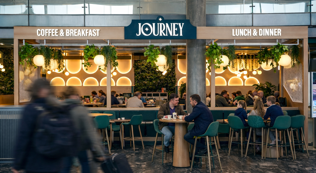 Moderne kafé og spiseområde med stilige sitteplasser, grøntområder og stemningsbelysning, med seksjoner for kaffe og frokost, samt lunsj og middag