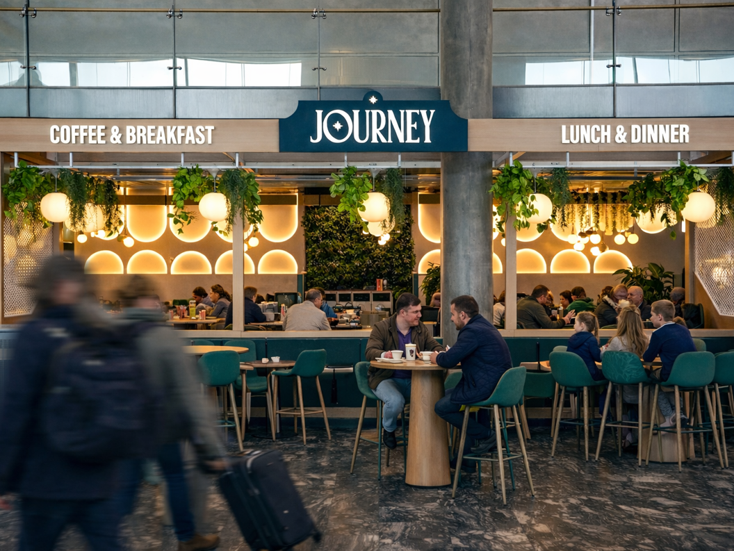 Moderne kafé og spiseområde med stilige sitteplasser, grøntområder og stemningsbelysning, med seksjoner for kaffe og frokost, samt lunsj og middag