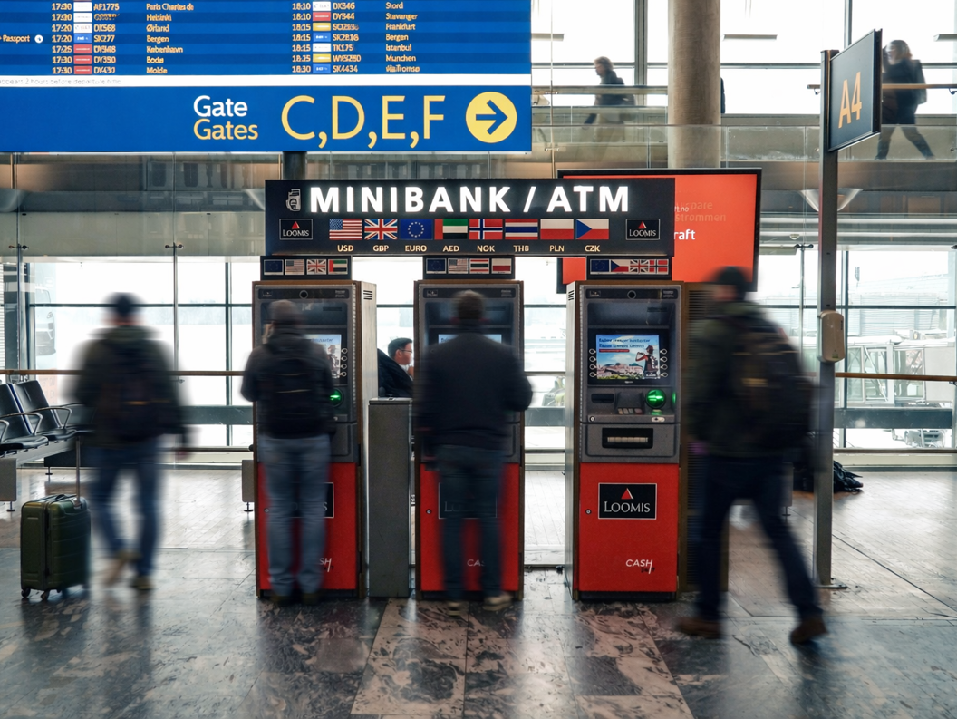 Person using an international ATM at an airport, accessing various global currencies with a digital exchange rate board in the background