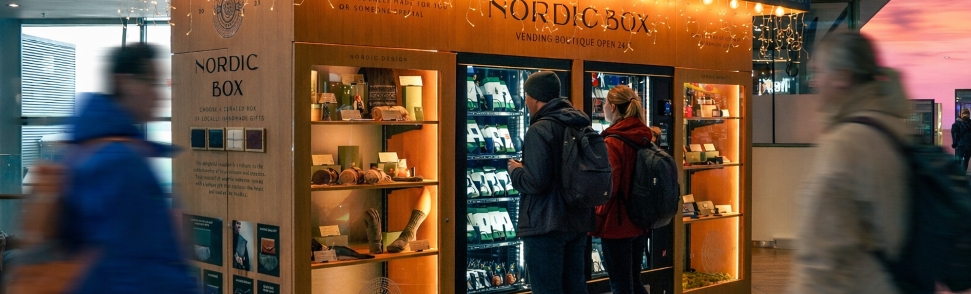 Nordic Box-automatsalg med opplyste hyller og automater som viser frem lokalt håndlagde gaver, plassert i et moderne innemiljø