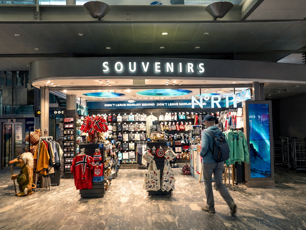 Souvenir shop in Norway featuring traditional Scandinavian apparel, flags, and assorted gifts with prominent signage for "Souvenirs" and "North