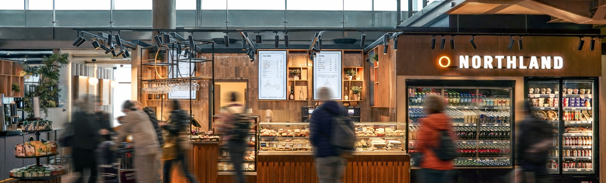 Moderne flyplasskiosk med kunder som ser på drikkevarer og snacks på Northland, med lyst interiør og et utvalg av mat og drikkevarer utstilt