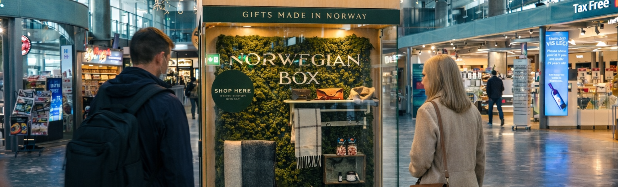 Automated vending machine kiosk labeled "Nordic Box," featuring locally made gifts, with shelves displaying artisanal products and illuminated signage promoting 24/7 access