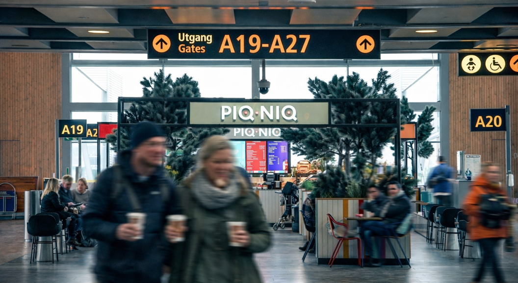 Fargerikt moderne kaféinteriør med skiltet "PIQNIO" og livlige krakker, et nærbilde av en kaffekvern og kopper, ferske bakverk og sandwicher, og dekorative planter som forsterker den innbydende atmosfæren