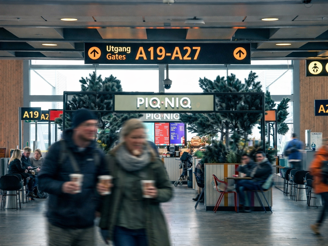 Fargerikt moderne kaféinteriør med skiltet "PIQNIO" og livlige krakker, et nærbilde av en kaffekvern og kopper, ferske bakverk og sandwicher, og dekorative planter som forsterker den innbydende atmosfæren