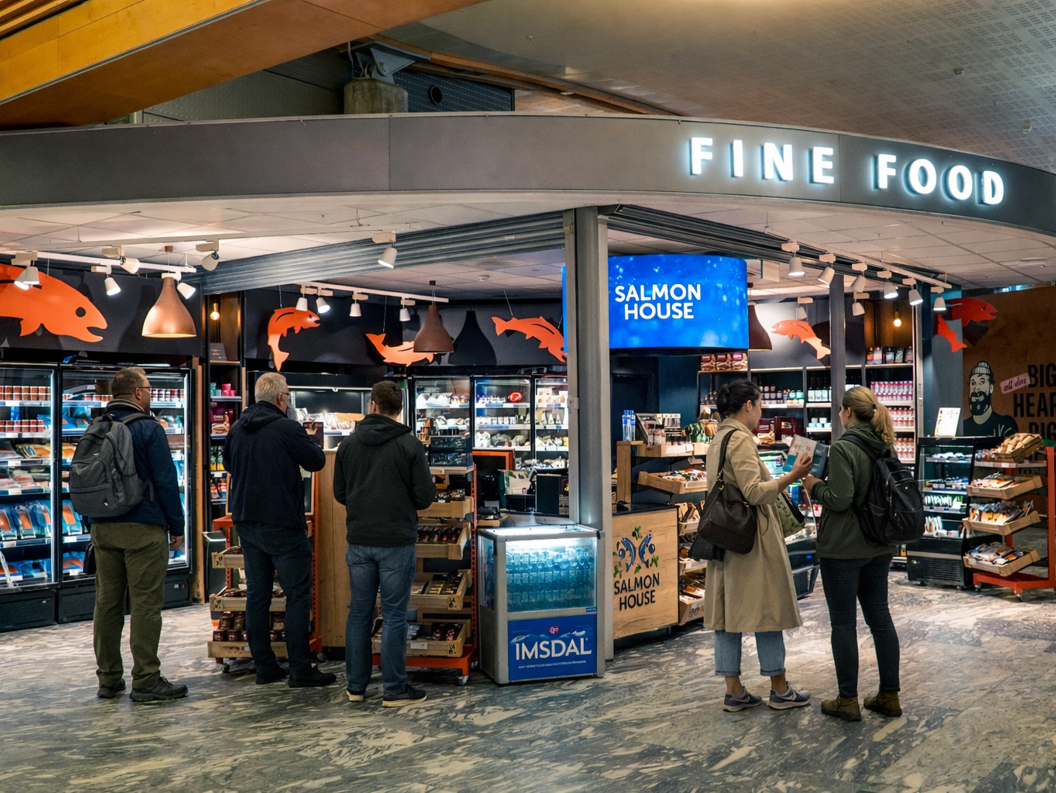 Logo for Salmon House featuring two stylized fish encircled by green leaves and berries, with the text "Salmon House" beneath in bold blue letters