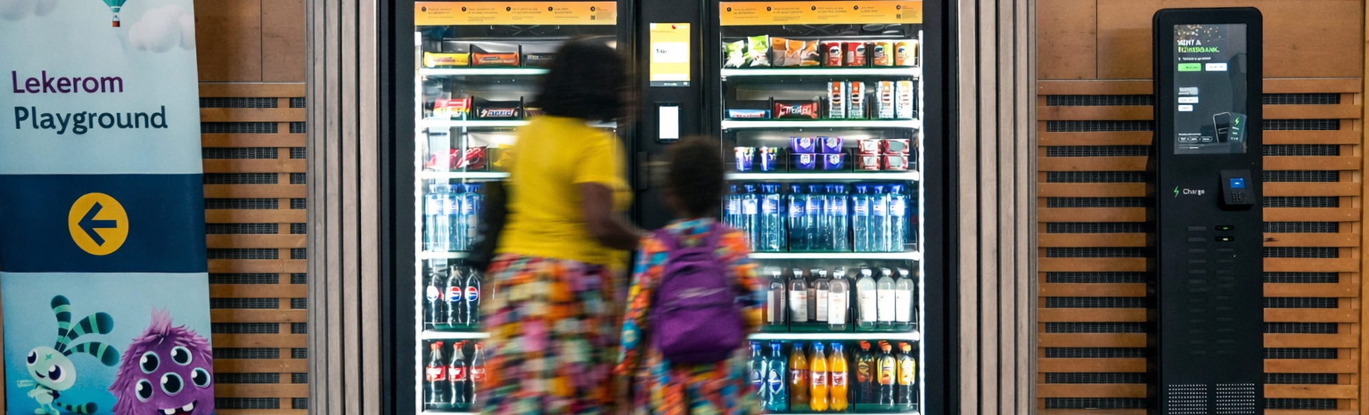 Automat fylt med ulike snacks og sjokoladebarer, inkludert populære merker, med opplyst utvalgspanel