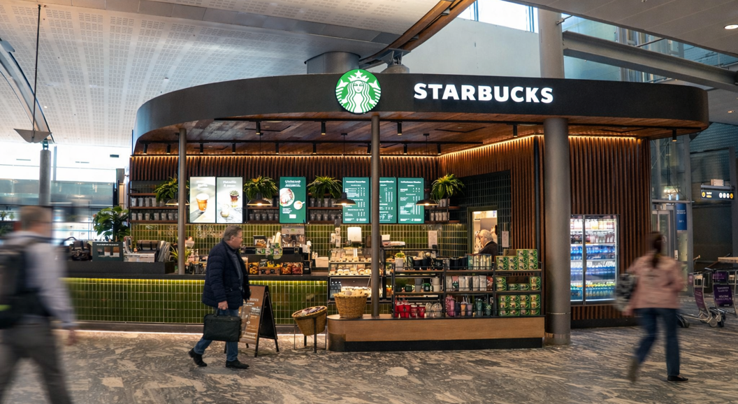 To personer ler og drikker kaffe ved et bord på en kafé. En kvinne har en grønn genser og en mann har en hvit t-skjorte. En Starbucks-logo vises på koppen